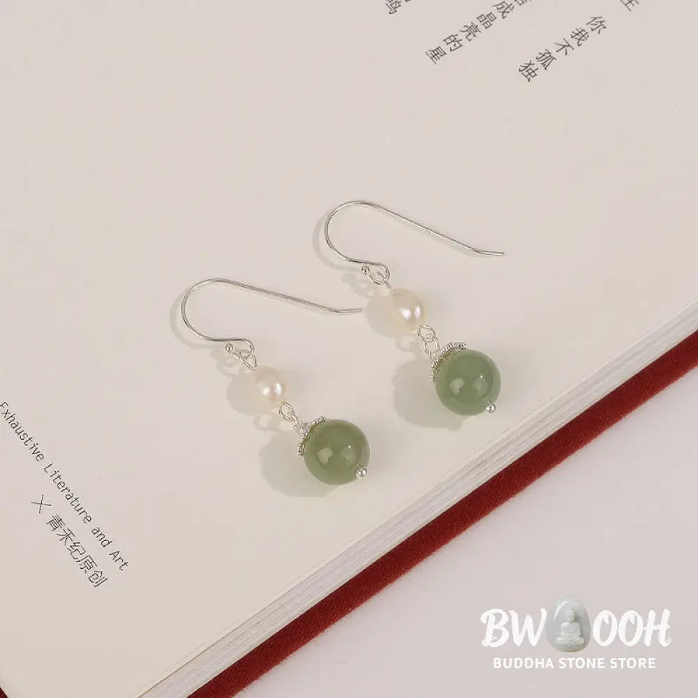 Buddha Stones 925 Sterling Silver Natural Pearl Jade Wisdom Earrings - Silver Pearl Jade Earrings - Earrings