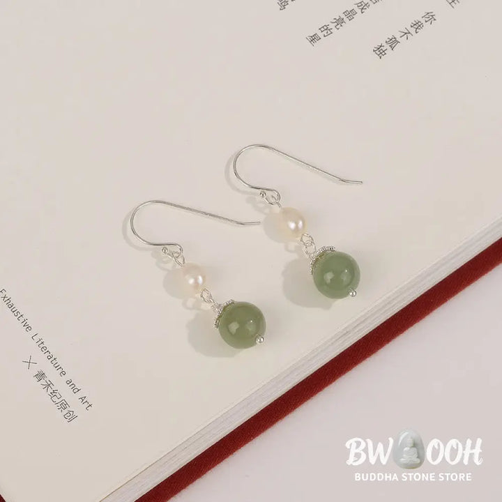 Buddha Stones 925 Sterling Silver Natural Pearl Jade Wisdom Earrings - Silver Pearl Jade Earrings - Earrings