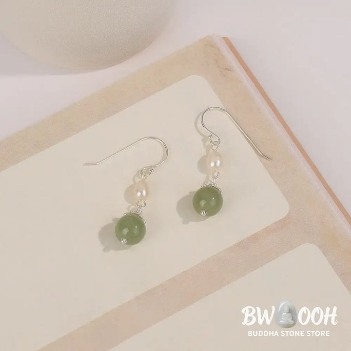 Buddha Stones 925 Sterling Silver Natural Pearl Jade Wisdom Earrings - Silver Pearl Jade Earrings - Earrings