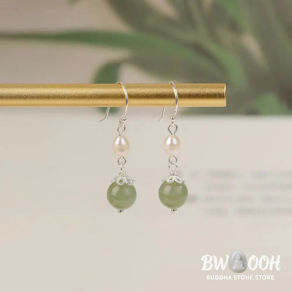 Buddha Stones 925 Sterling Silver Natural Pearl Jade Wisdom Earrings - Silver Pearl Jade Earrings - Earrings