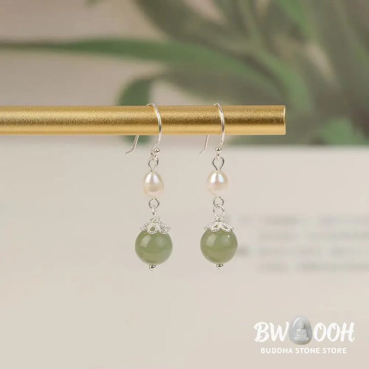 Buddha Stones 925 Sterling Silver Natural Pearl Jade Wisdom Earrings - Silver Pearl Jade Earrings - Earrings