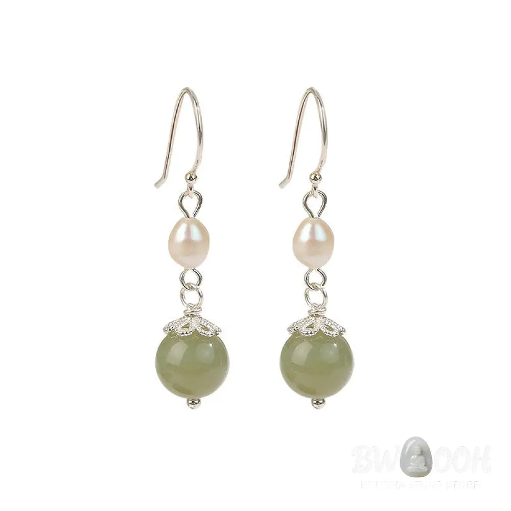 Buddha Stones 925 Sterling Silver Natural Pearl Jade Wisdom Earrings - Silver Pearl Jade Earrings - Earrings