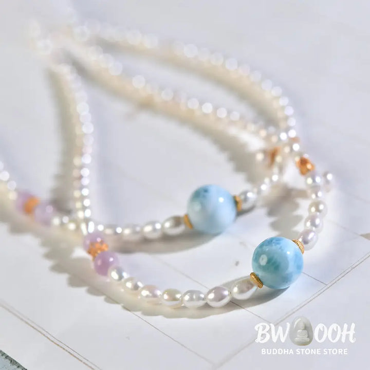 Buddha Stones 925 Sterling Silver Natural Pearl Larimar Sincerity Necklace Pendant - BWOOOH - Pearl(Healing♥Wisdom)