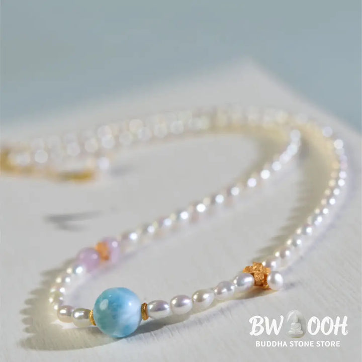 Buddha Stones 925 Sterling Silver Natural Pearl Larimar Sincerity Necklace Pendant - BWOOOH - Pearl(Healing♥Wisdom)
