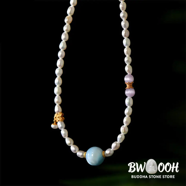 Buddha Stones 925 Sterling Silver Natural Pearl Larimar Sincerity Necklace Pendant - BWOOOH - Pearl(Healing♥Wisdom)
