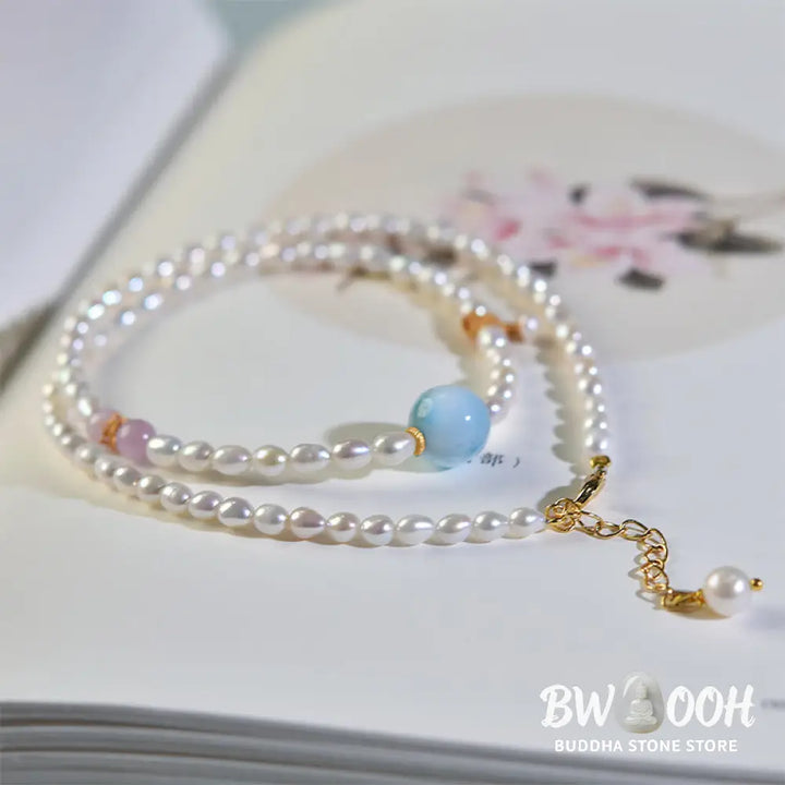 Buddha Stones 925 Sterling Silver Natural Pearl Larimar Sincerity Necklace Pendant - BWOOOH - Pearl(Healing♥Wisdom)