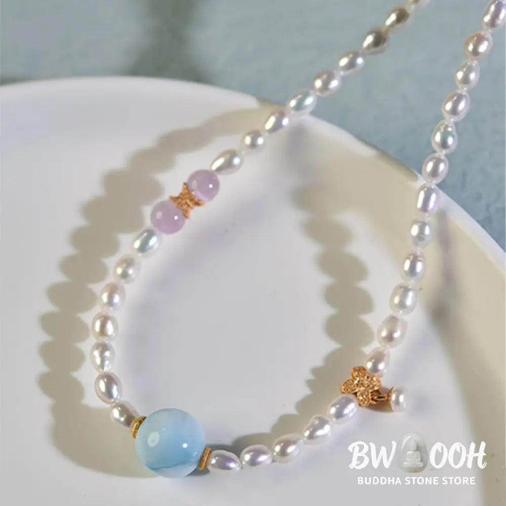 Buddha Stones 925 Sterling Silver Natural Pearl Larimar Sincerity Necklace Pendant - BWOOOH - Pearl(Healing♥Wisdom)