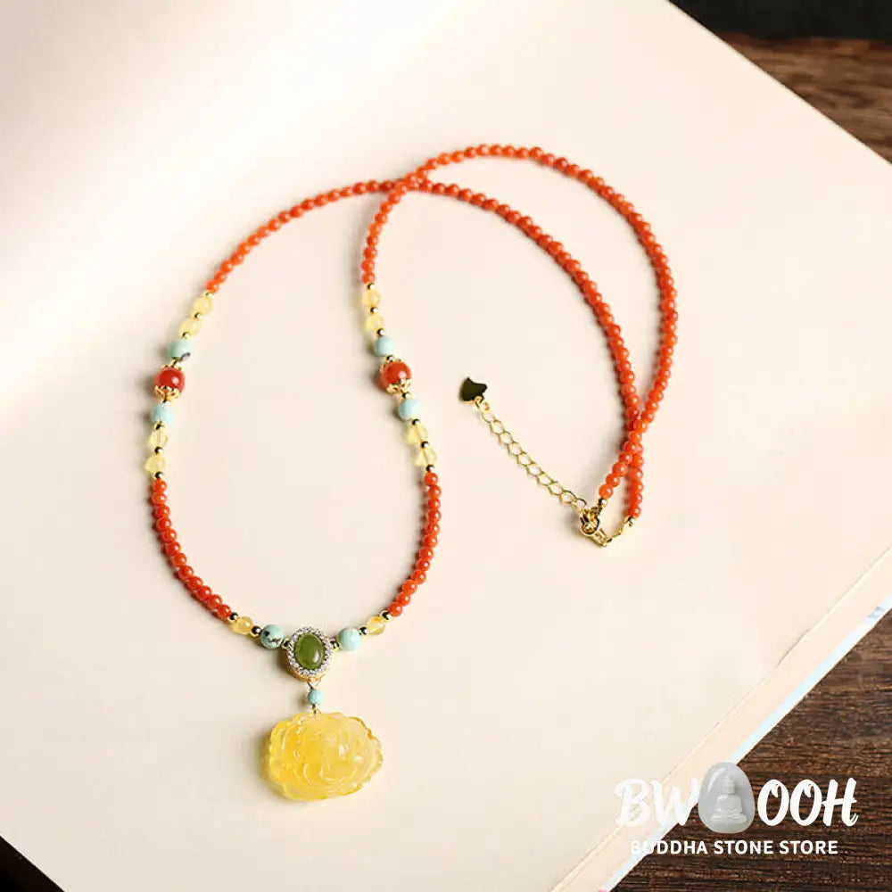 Buddha Stones 925 Sterling Silver Natural Red Agate Amber Peony Confidence Charm Necklace Pendant - BWOOOH - Red