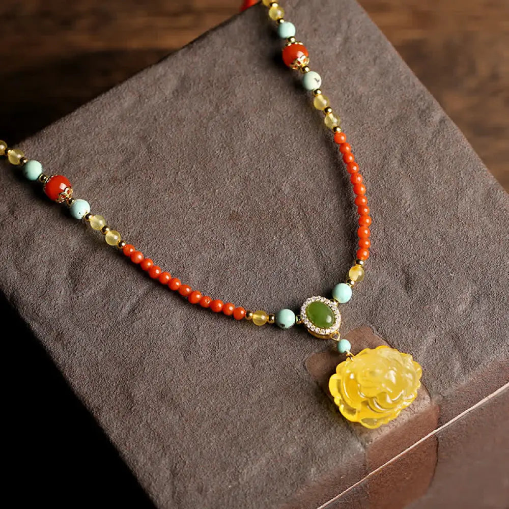 BWOOOH 925 Sterling Silver Natural Red Agate Amber Peony Confidence Charm Necklace Pendant - BWOOOH spiritual jewelry inspired by Drolma