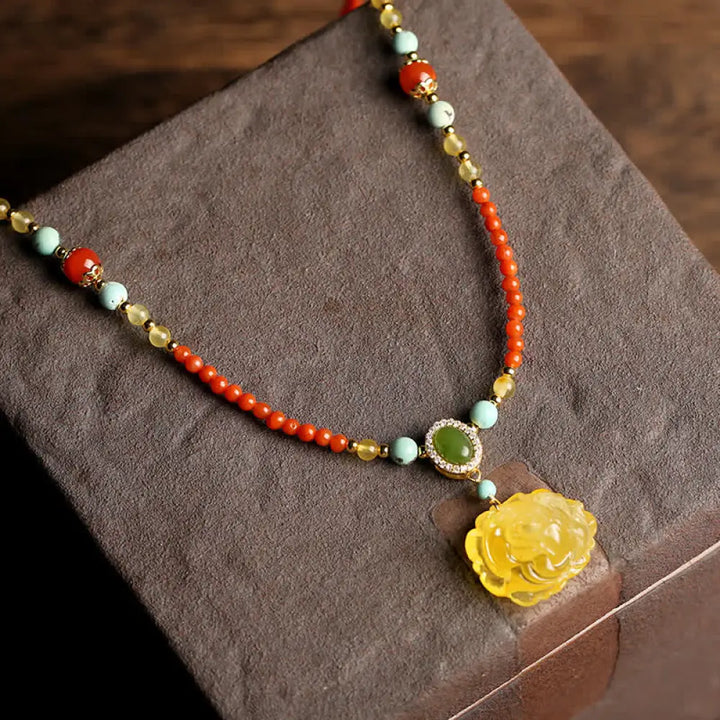 BWOOOH 925 Sterling Silver Natural Red Agate Amber Peony Confidence Charm Necklace Pendant - BWOOOH spiritual jewelry inspired by Drolma