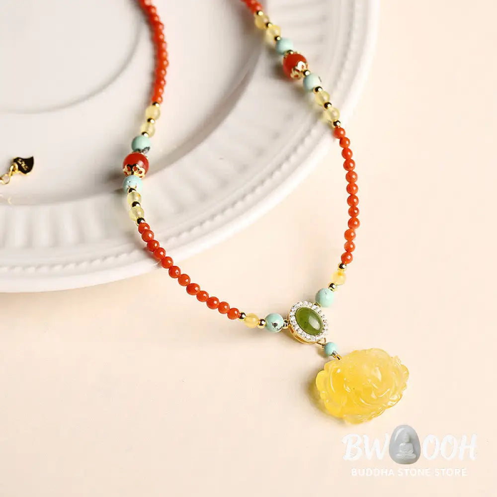Buddha Stones 925 Sterling Silver Natural Red Agate Amber Peony Confidence Charm Necklace Pendant - BWOOOH - Red