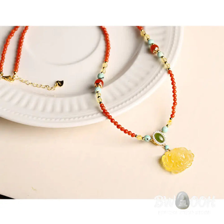 Buddha Stones 925 Sterling Silver Natural Red Agate Amber Peony Confidence Charm Necklace Pendant - BWOOOH - Red