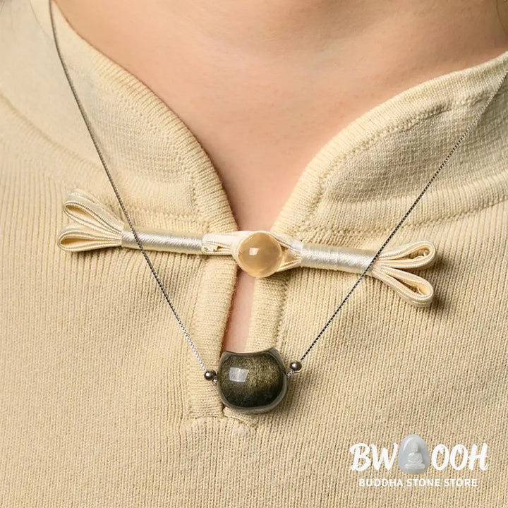 Buddha Stones 925 Sterling Silver Natural Silver Sheen Obsidian Gold Sheen Obsidian Cat Necklace - BWOOOH - Necklaces &amp;