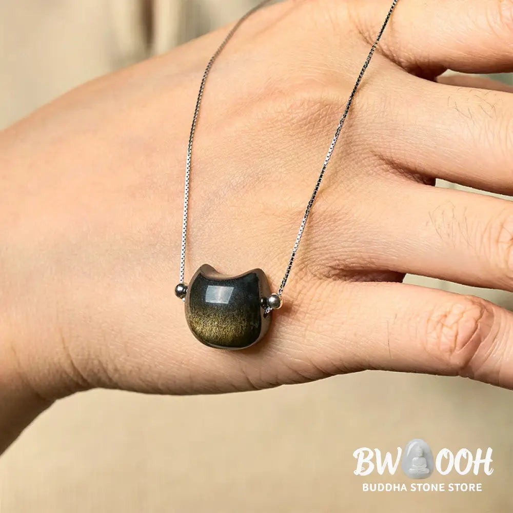 Buddha Stones 925 Sterling Silver Natural Silver Sheen Obsidian Gold Sheen Obsidian Cat Necklace - BWOOOH - Necklaces &amp;