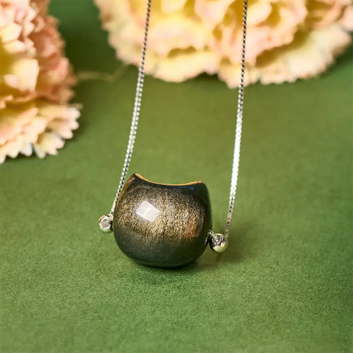 Buddha Stones 925 Sterling Silver Natural Silver Sheen Obsidian Gold Sheen Obsidian Cat Necklace - BWOOOH - Gold Sheen