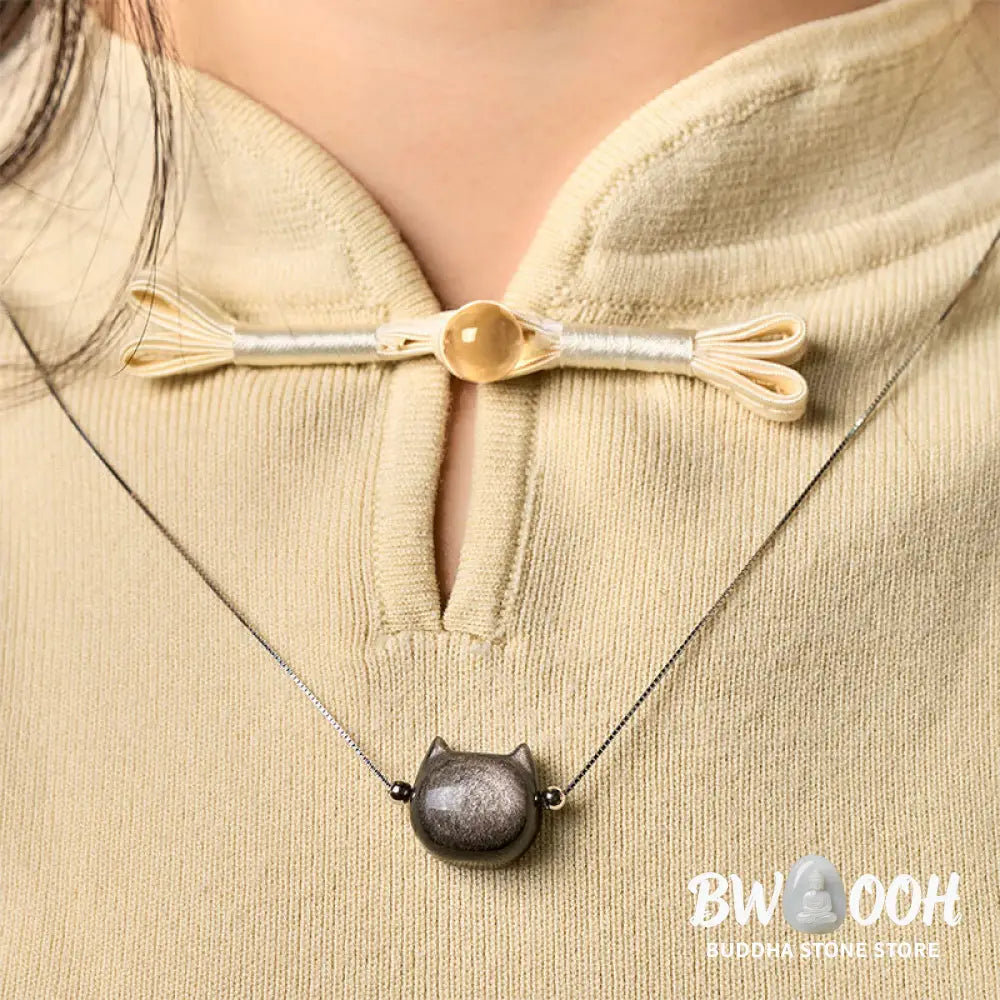 Buddha Stones 925 Sterling Silver Natural Silver Sheen Obsidian Gold Sheen Obsidian Cat Necklace - BWOOOH - Necklaces &amp;