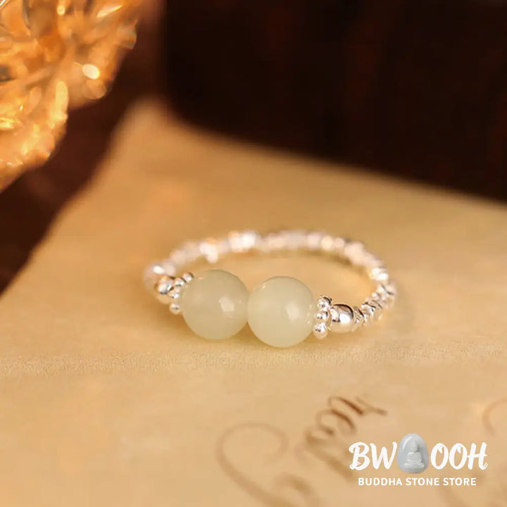 Buddha Stones 925 Sterling Silver Natural Small Hetian Jade Bead Luck Elastic Ring - Ring