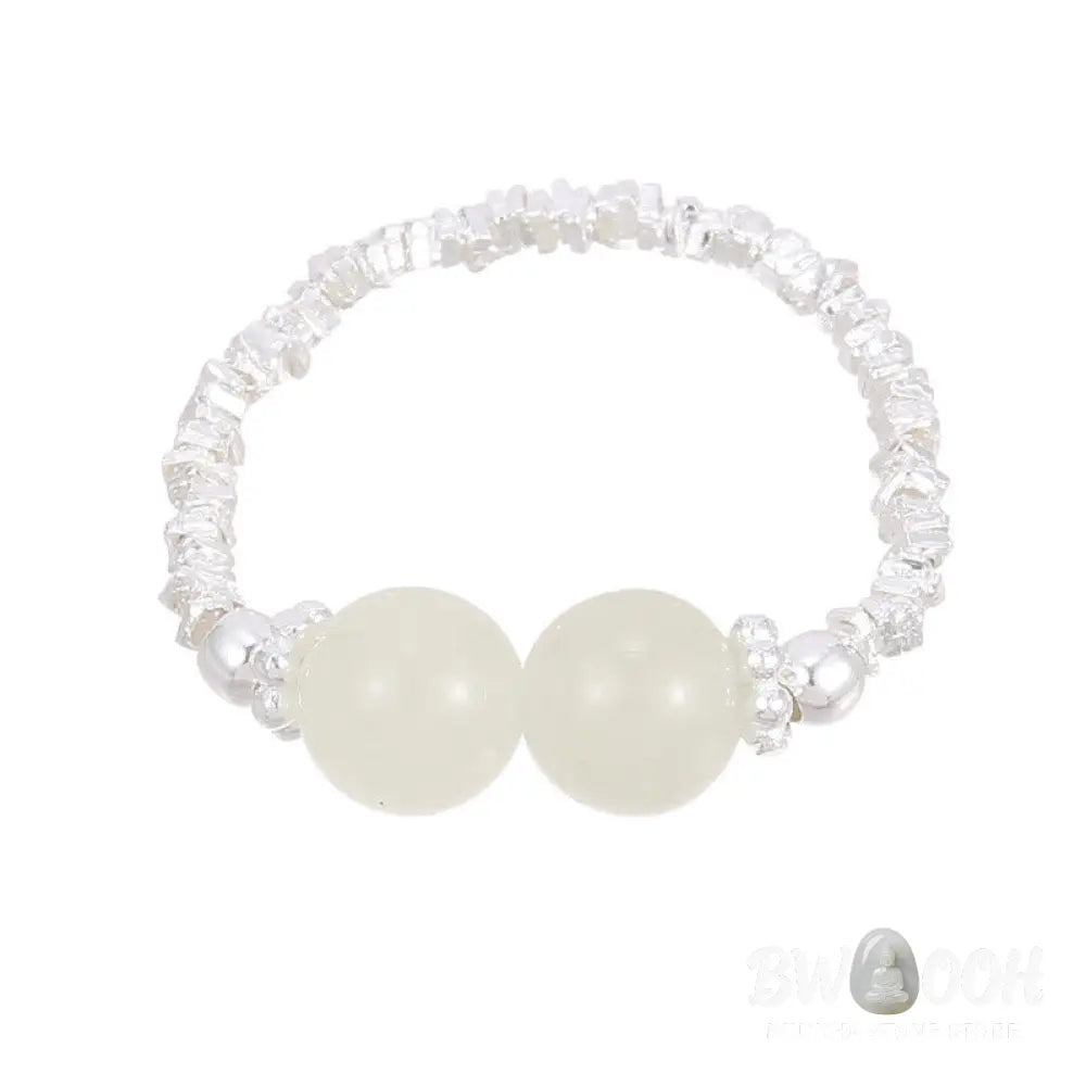 Buddha Stones 925 Sterling Silver Natural Small Hetian Jade Bead Luck Elastic Ring - Ring