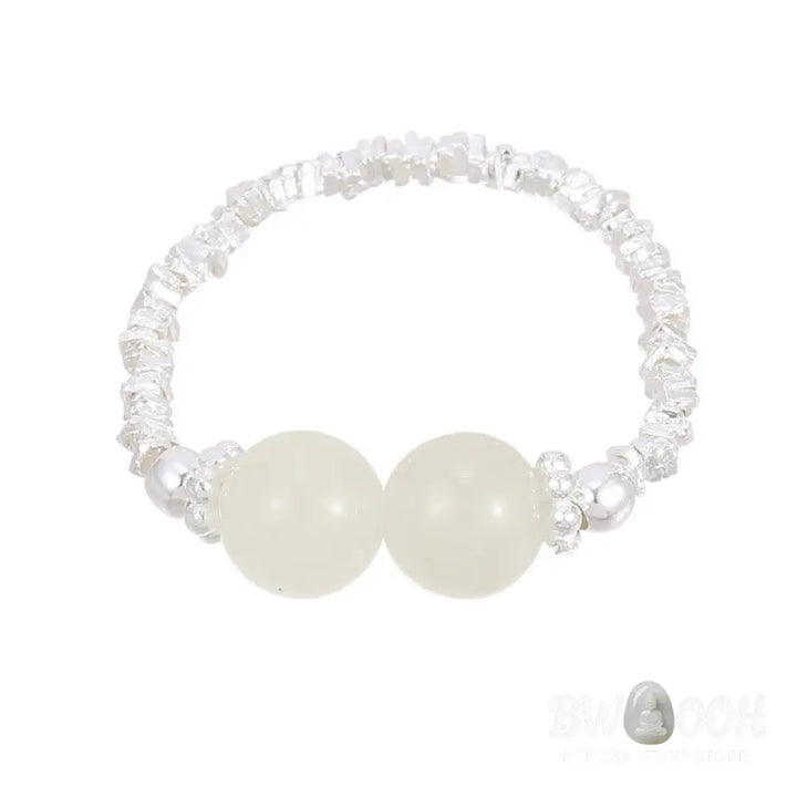 Buddha Stones 925 Sterling Silver Natural Small Hetian Jade Bead Luck Elastic Ring - Ring