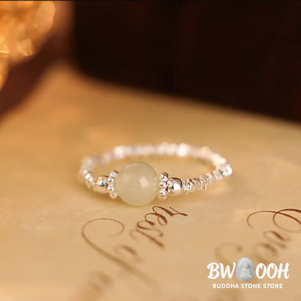 Buddha Stones 925 Sterling Silver Natural Small Hetian Jade Bead Luck Elastic Ring - Ring