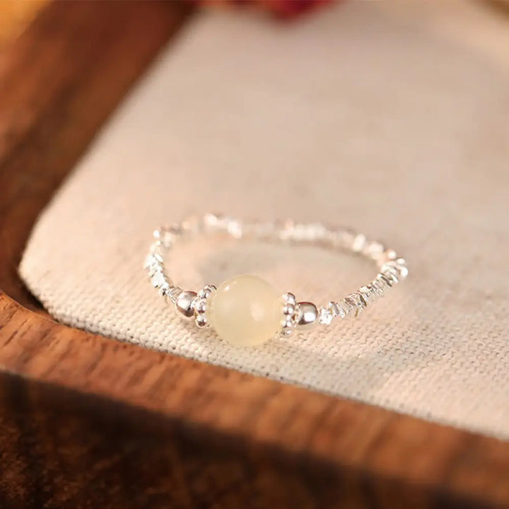 Buddha Stones 925 Sterling Silver Natural Small Hetian Jade Bead Luck Elastic Ring - One Jade(Elastic String) - Ring