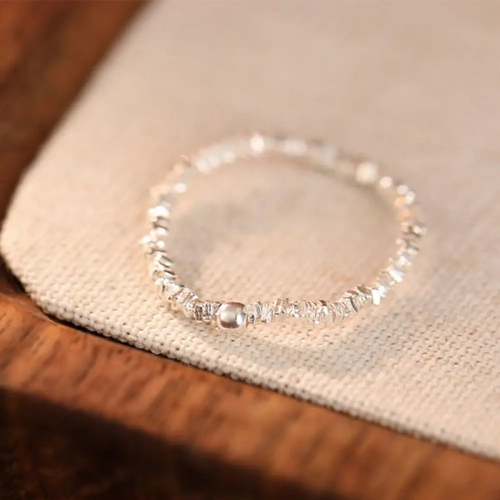 Buddha Stones 925 Sterling Silver Natural Small Hetian Jade Bead Luck Elastic Ring - Silver(Elastic String) - Ring