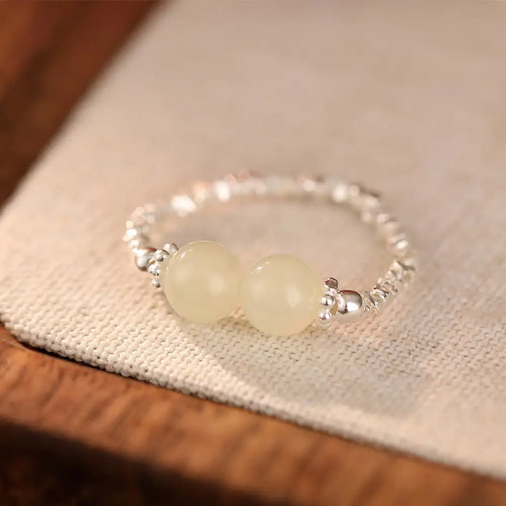 Buddha Stones 925 Sterling Silver Natural Small Hetian Jade Bead Luck Elastic Ring - Two Jades(Elastic String) - Ring