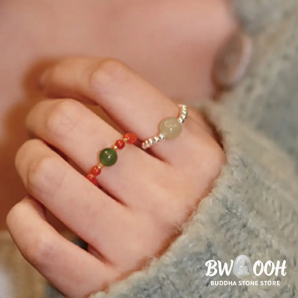 Buddha Stones 925 Sterling Silver Natural Small Hetian Jade Red Agate Pearl Bead Prosperity Elastic Ring - Ring