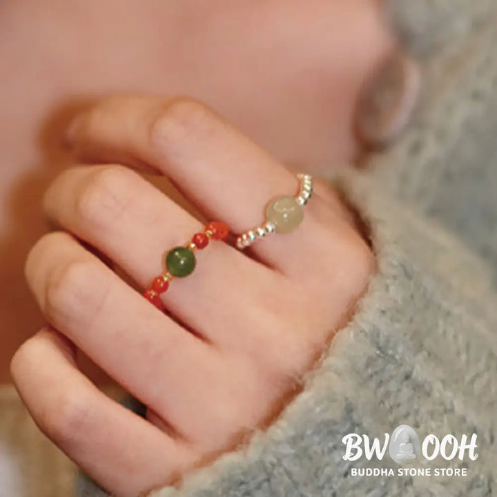 Buddha Stones 925 Sterling Silver Natural Small Hetian Jade Red Agate Pearl Bead Prosperity Elastic Ring - Ring