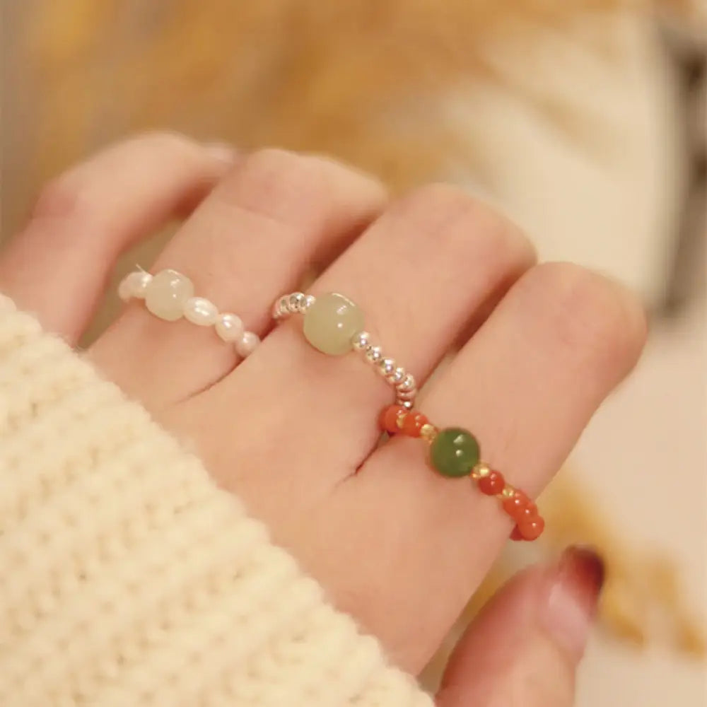 BWOOOH 925 Sterling Silver Natural Small Hetian Jade Red Agate Pearl Bead Prosperity Elastic Ring — Sterling Silver jade b...