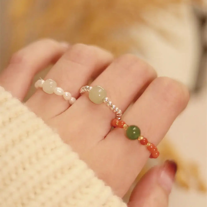 BWOOOH 925 Sterling Silver Natural Small Hetian Jade Red Agate Pearl Bead Prosperity Elastic Ring — Sterling Silver jade b...