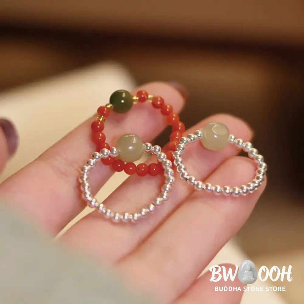 Buddha Stones 925 Sterling Silver Natural Small Hetian Jade Red Agate Pearl Bead Prosperity Elastic Ring - Ring