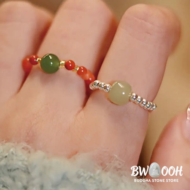 Buddha Stones 925 Sterling Silver Natural Small Hetian Jade Red Agate Pearl Bead Prosperity Elastic Ring - Ring