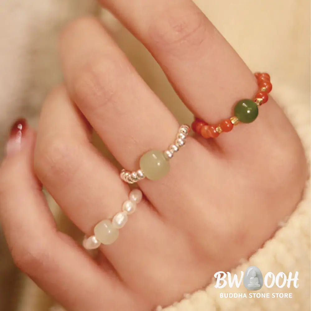 Buddha Stones 925 Sterling Silver Natural Small Hetian Jade Red Agate Pearl Bead Prosperity Elastic Ring - Ring