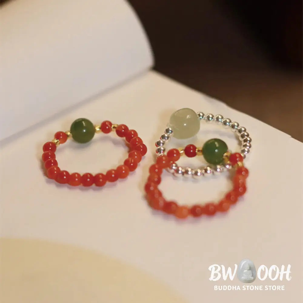 Buddha Stones 925 Sterling Silver Natural Small Hetian Jade Red Agate Pearl Bead Prosperity Elastic Ring - Ring