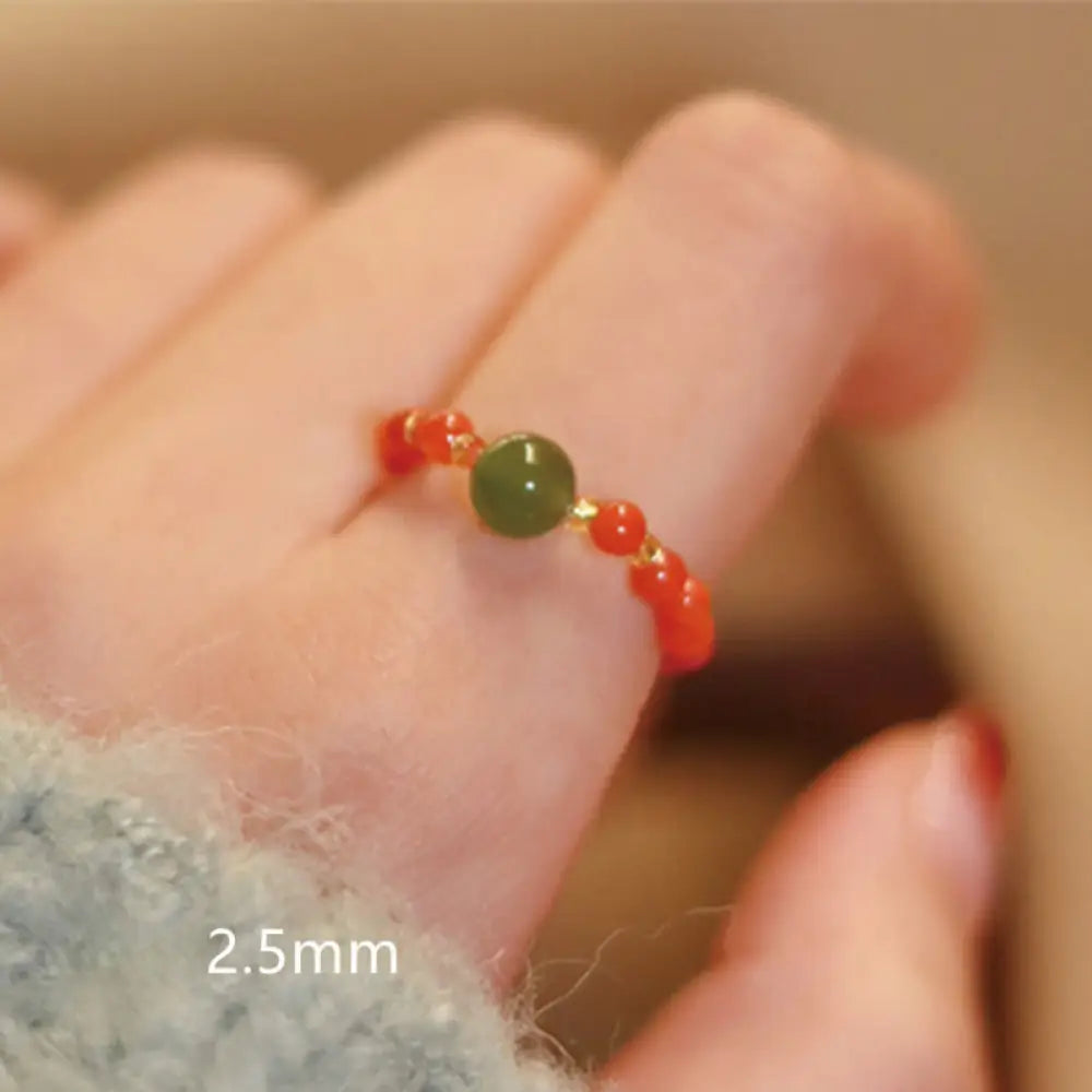 Buddha Stones 925 Sterling Silver Natural Small Hetian Jade Red Agate Pearl Bead Prosperity Elastic Ring - Red