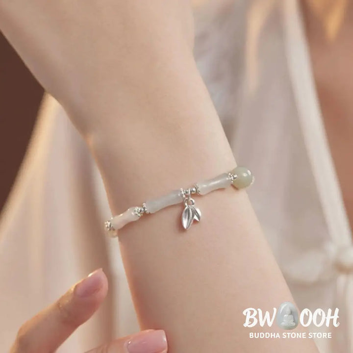 Buddha Stones 925 Sterling Silver Natural Tianshan Jade Bamboo Charm Luck Bracelet - BWOOOH - Jade(Wrist Circumference