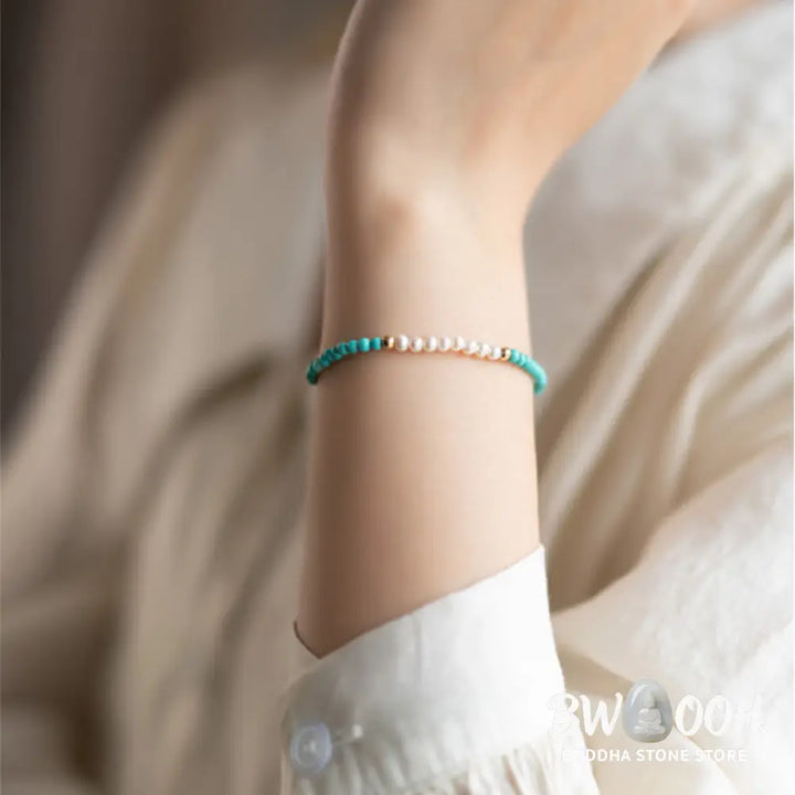 Buddha Stones 925 Sterling Silver Natural Turquoise Pearl Beaded Bracelet - BWOOOH - Bracelet