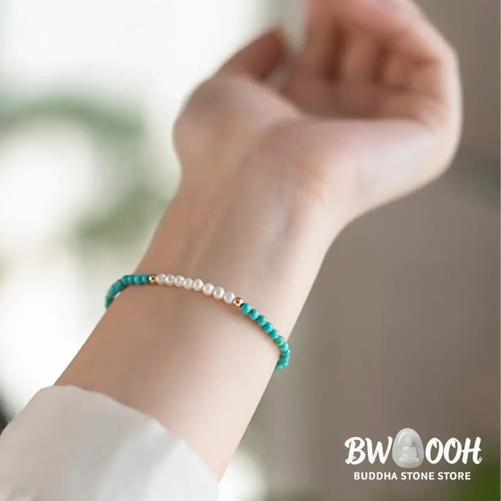 Buddha Stones 925 Sterling Silver Natural Turquoise Pearl Beaded Bracelet - BWOOOH - Bracelet