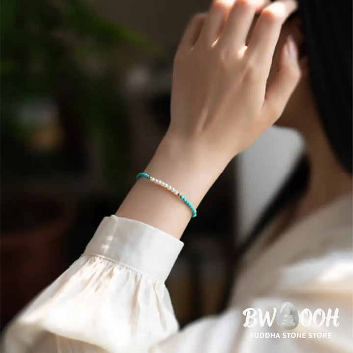 Buddha Stones 925 Sterling Silver Natural Turquoise Pearl Beaded Bracelet - BWOOOH - Bracelet