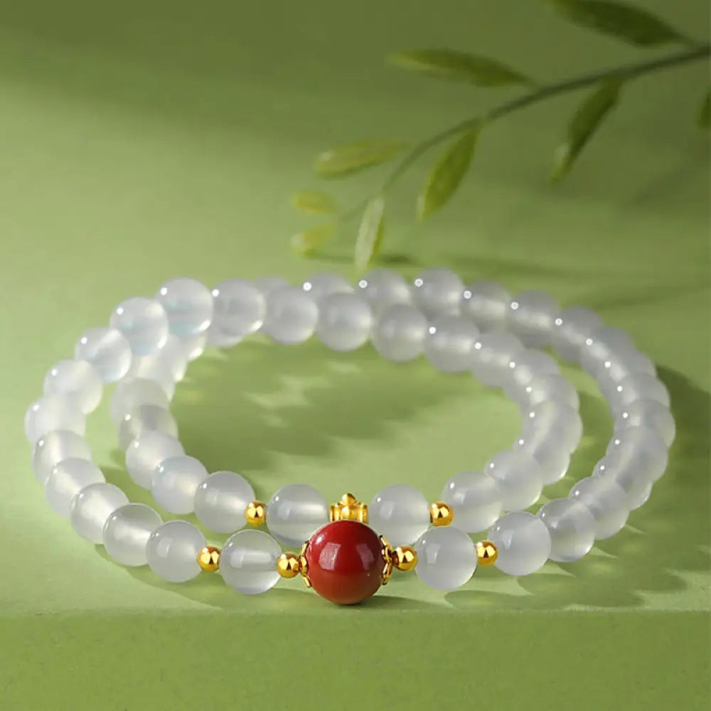 BWOOOH 925 Sterling Silver Natural White Agate Cinnabar Double Wrap Protection Bracelet - BWOOOH - White
