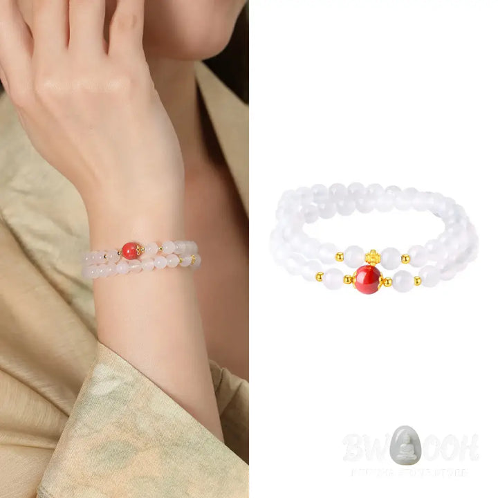 Buddha Stones 925 Sterling Silver Natural White Agate Cinnabar Double Wrap Protection Bracelet - BWOOOH - White