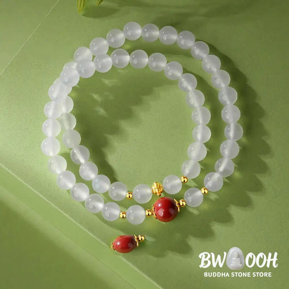 Buddha Stones 925 Sterling Silver Natural White Agate Cinnabar Double Wrap Protection Bracelet - BWOOOH - White