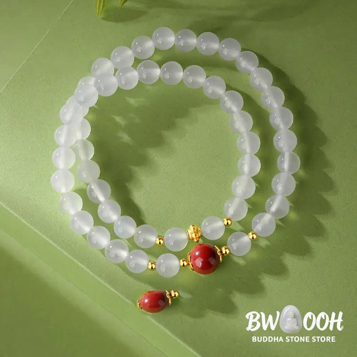Buddha Stones 925 Sterling Silver Natural White Agate Cinnabar Double Wrap Protection Bracelet - BWOOOH - White