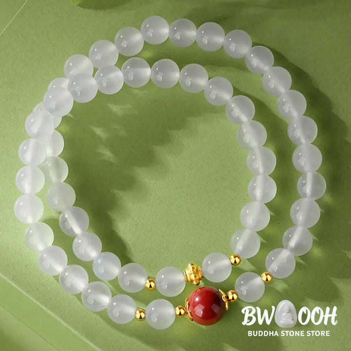 Buddha Stones 925 Sterling Silver Natural White Agate Cinnabar Double Wrap Protection Bracelet - BWOOOH - White