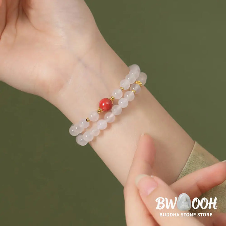 Buddha Stones 925 Sterling Silver Natural White Agate Cinnabar Double Wrap Protection Bracelet - BWOOOH - White