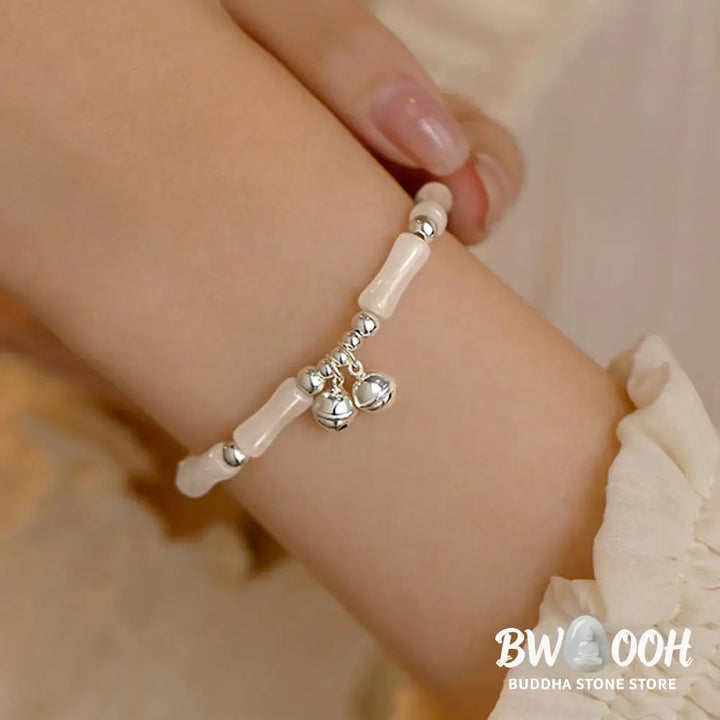 Buddha Stones 925 Sterling Silver Natural White Jade Bamboo Bell Charm Luck Happiness Bracelet - BWOOOH - Hetian White