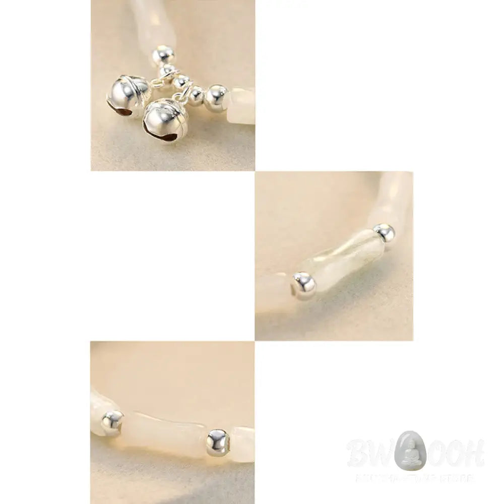 Buddha Stones 925 Sterling Silver Natural White Jade Bamboo Bell Charm Luck Happiness Bracelet - BWOOOH - Hetian White