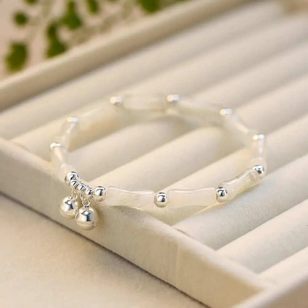BWOOOH 925 Sterling Silver Natural White Jade Bamboo Bell Charm Luck Happiness Bracelet - BWOOOH spiritual jewelry inspired by Drolma