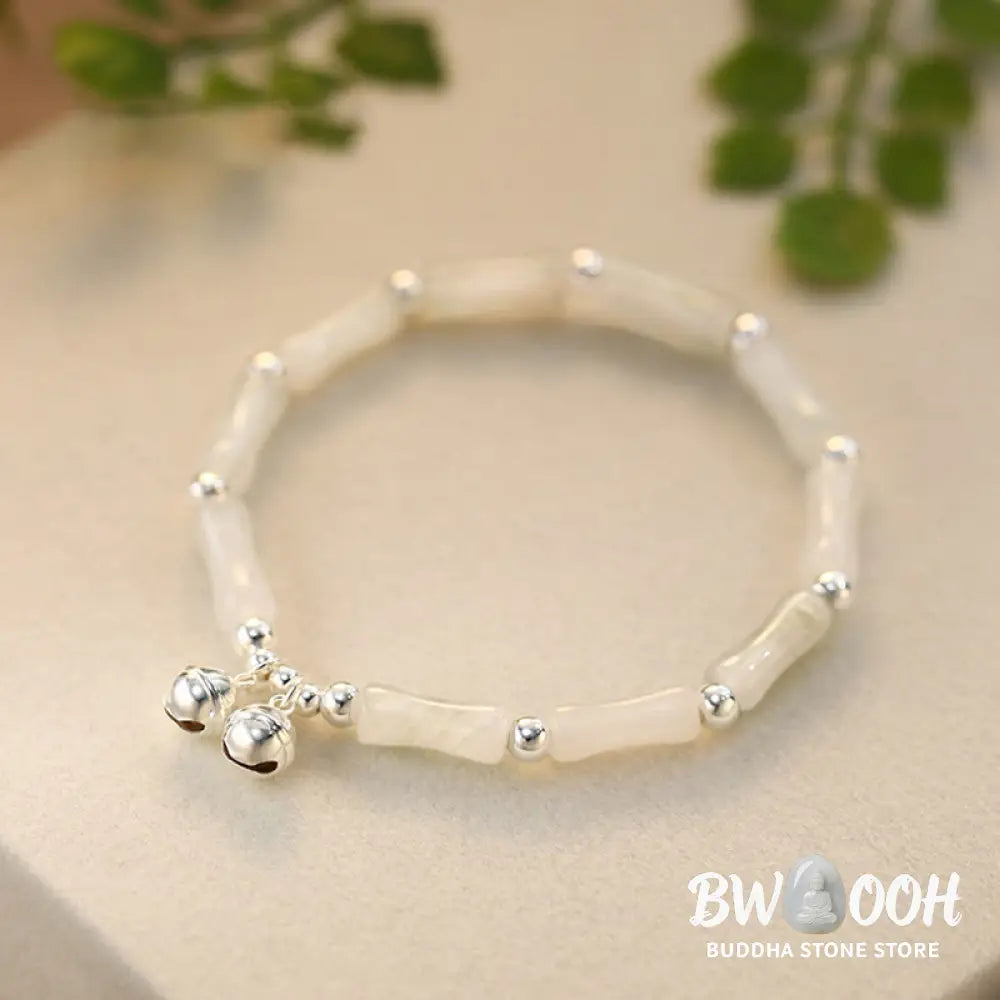 Buddha Stones 925 Sterling Silver Natural White Jade Bamboo Bell Charm Luck Happiness Bracelet - BWOOOH - Hetian White